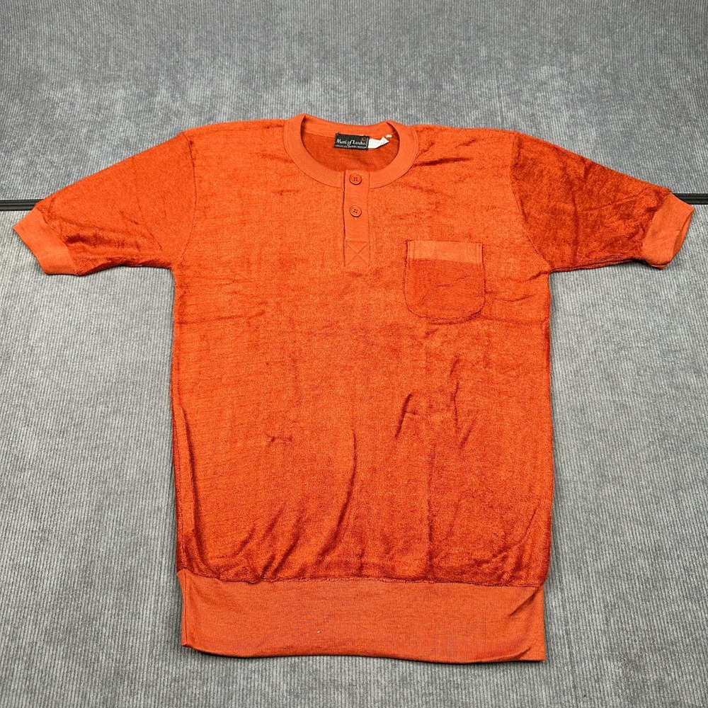 Vintage Moni of London Terry Cloth Henley‎ Shirt Orange Short Sleeve Mens Large